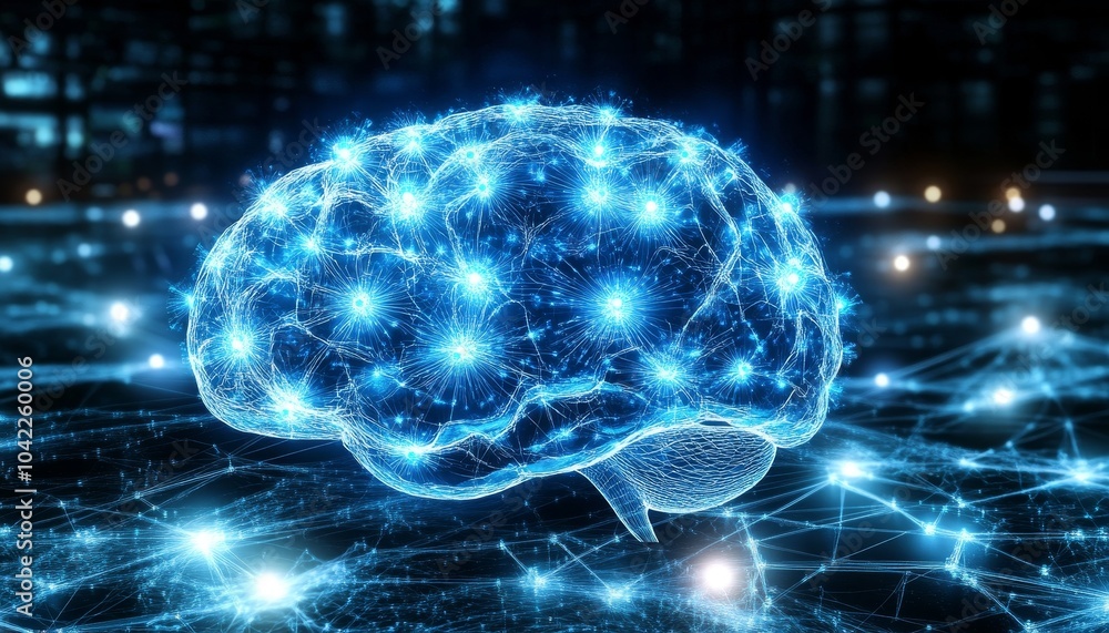 Digital Brain Network Abstract Wireframe with Glowing Nodes, 3D Render, AI, Machine Learning, Neural Network Digital Brain Network Abstract Wireframe with Glowing Nodes, 3D Render, AI, Machine Learning, Neural Network