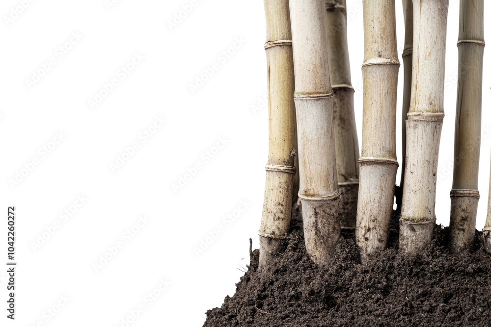 Tall bamboo stalks emerging from dark soil against black backdrop, highlighting nature's strength and elegance,Isolated on transparent background Tall bamboo stalks emerging from dark soil against black backdrop, highlighting nature's strength and elegance,Isolated on transparent background