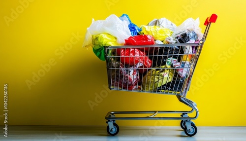 Overburdened Shopping Cart Plastic Bags Overflowing in a Yellow Background, consumerism, plastic waste, environmental impact photo