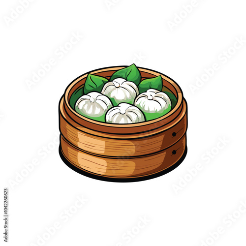 Vector illustration of a steamer basket filled with Chinese dumplings.