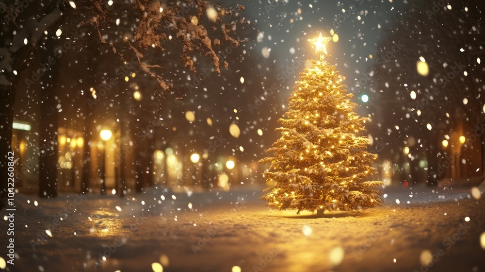 The glowing Christmas tree shines brightly amidst a winter wonderland, with soft snow cascading down, creating a magical ambiance in the cozy evening atmosphere The glowing Christmas tree shines brightly amidst a winter wonderland, with soft snow cascading down, creating a magical ambiance in the cozy evening atmosphere