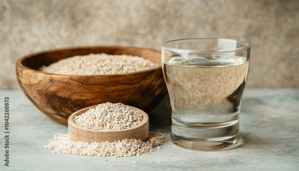 Wooden Bowl with White Sesame Seeds and a Glass of Water, sesame seeds, sesame oil, healthy food Wooden Bowl with White Sesame Seeds and a Glass of Water, sesame seeds, sesame oil, healthy food