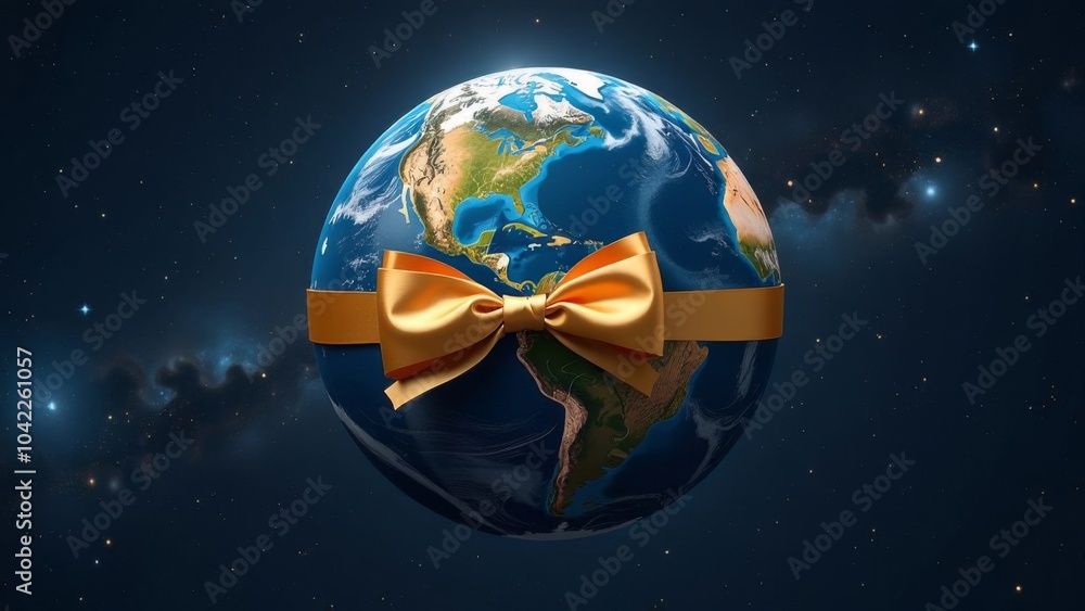Planet Earth is wrapped with a gold ribbon with the inscription Planet Earth is wrapped with a gold ribbon with the inscription