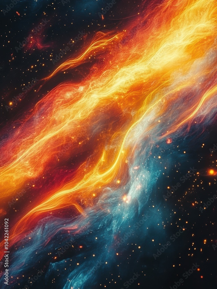 Vibrant Cosmic Abstract: A fiery mix of orange and blue swirls against a star-filled backdrop, ideal for sci-fi themes and digital art. Vibrant Cosmic Abstract: A fiery mix of orange and blue swirls against a star-filled backdrop, ideal for sci-fi themes and digital art.