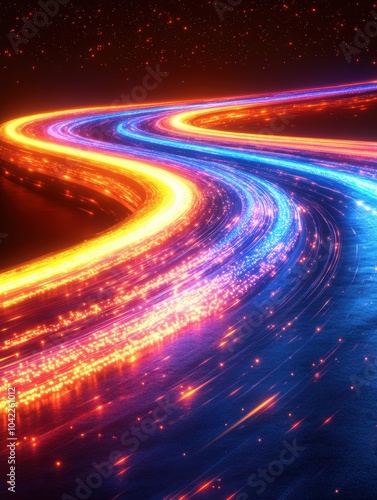 Colorful Abstract Light Trails: A Vibrant Display of Curved Neon Colors on a Dark Background, Ideal for Digital Art and Backgrounds