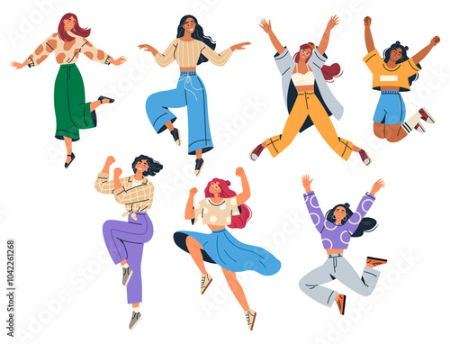 Six women dance in various energetic poses wearing stylish clothes. Ideal for fitness promotion, dance studios, expressing joy, fashion trends, and celebrating diversity. Digital art style