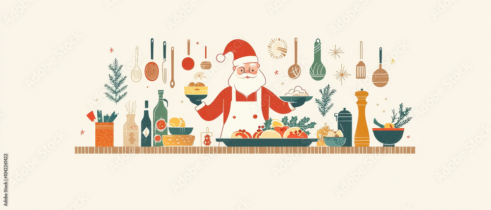 Fototapeta premium A festive illustration of Santa Claus in a kitchen, surrounded by various cooking ingredients, utensils, and holiday decorations.
