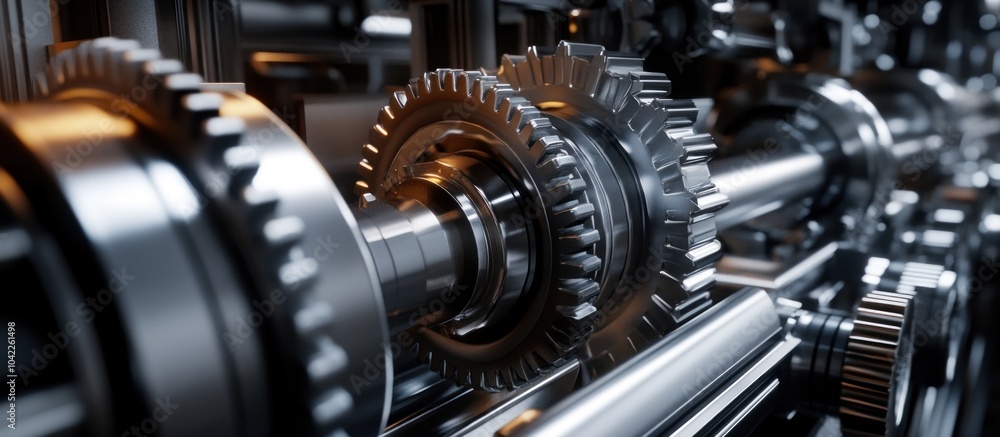 Fototapeta premium Closeup of intricate gears and shafts in a complex machine, showcasing the intricate workings of modern machinery.