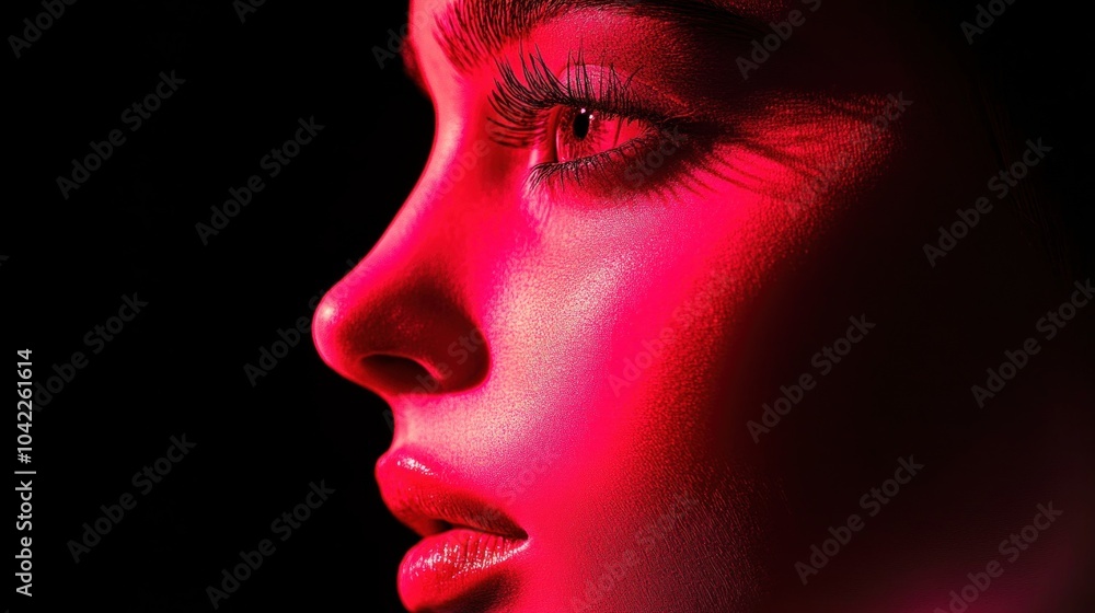 A model is highlighted by bold red lighting, emphasizing her facial contours and eye makeup. The dark backdrop enhances the vibrant aesthetic of the scene, creating a dramatic atmosphere A model is highlighted by bold red lighting, emphasizing her facial contours and eye makeup. The dark backdrop enhances the vibrant aesthetic of the scene, creating a dramatic atmosphere