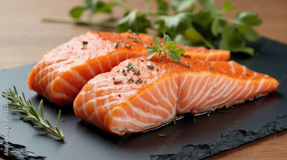 Grilled salmon fillet garnished with fresh herbs on a slate plate ready for a delicious meal Grilled salmon fillet garnished with fresh herbs on a slate plate ready for a delicious meal