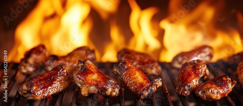 Close-up of chicken wings grilling over flames on a barbecue grill.