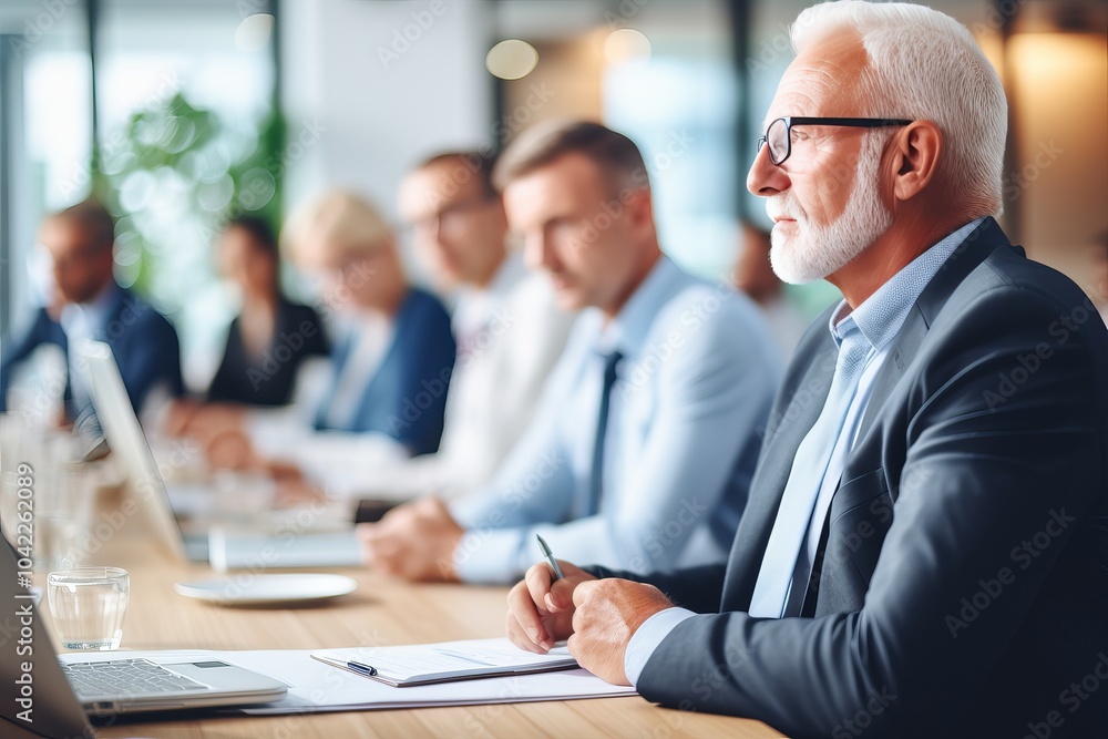 Business professionals engaged in discussion during a meeting in a modern office setting Business professionals engaged in discussion during a meeting in a modern office setting