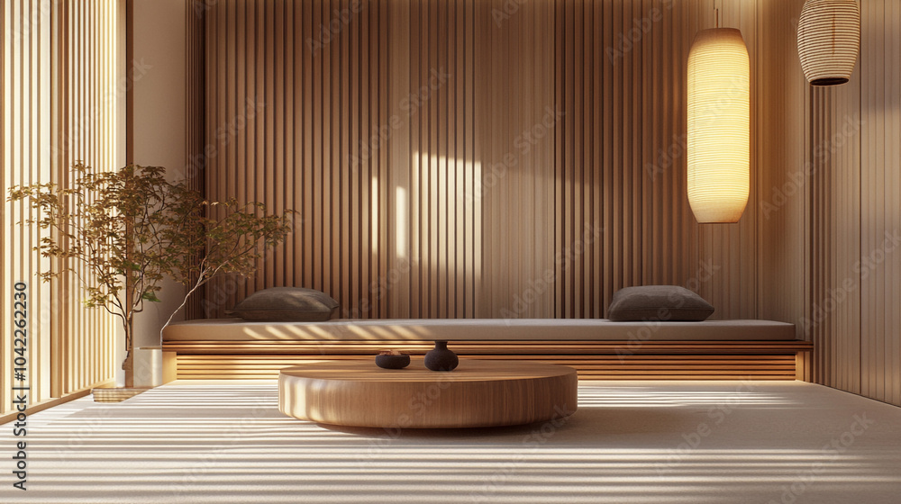 Fototapeta premium Minimalist Japanese Zen Room Interior Design with Wooden Wall Panels Low Table and Cushi