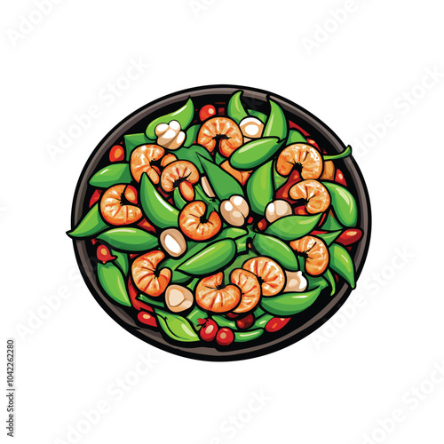 Vector illustration of a plate of stir-fried snow peas and shrimp.