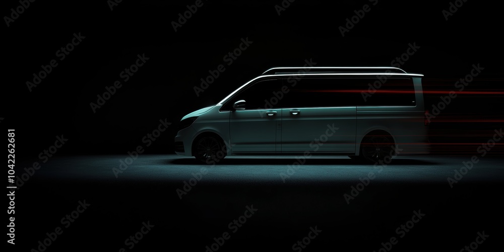 Obraz premium Sleek Van Profile on Black Background: A Dynamic View with Motion Effects, Ideal for Automotive Advertisements