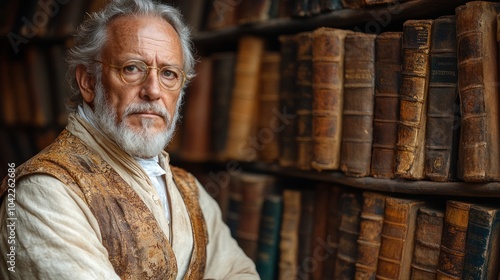 An elderly scholar, dressed in vintage attire, gazes thoughtfully while leaning against a large bookshelf filled with aged, leather-bound books in a cozy library