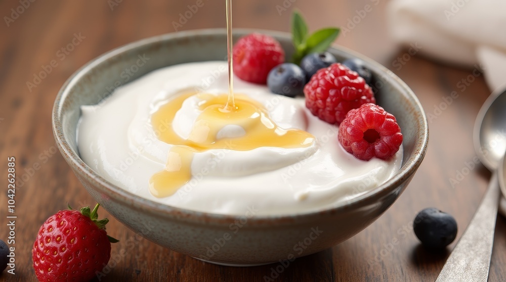 A delicious bowl of creamy yogurt topped with fresh raspberries, blueberries, and blackberries enjoyed on a wooden table in natural light A delicious bowl of creamy yogurt topped with fresh raspberries, blueberries, and blackberries enjoyed on a wooden table in natural light