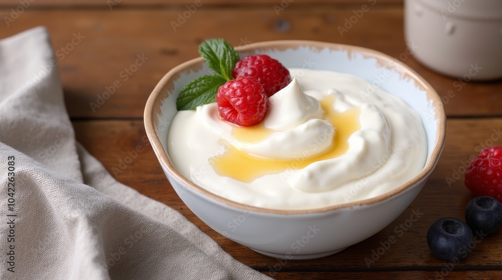 A delicious bowl of creamy yogurt topped with fresh raspberries, blueberries, and blackberries enjoyed on a wooden table in natural light A delicious bowl of creamy yogurt topped with fresh raspberries, blueberries, and blackberries enjoyed on a wooden table in natural light