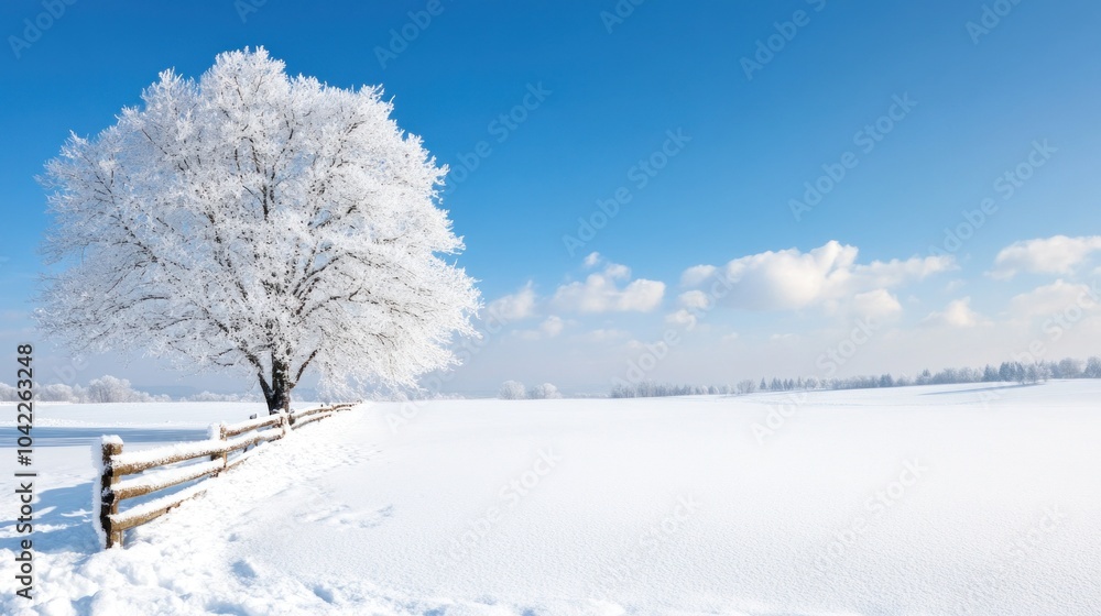 A snow-laden tree stands majestically next to a rustic wooden fence, surrounded by an expansive white field under a clear blue sky on a chilly winter day A snow-laden tree stands majestically next to a rustic wooden fence, surrounded by an expansive white field under a clear blue sky on a chilly winter day