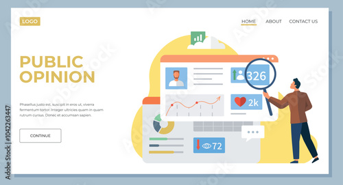 Public opinion web banner or landing page. Character participation in an online survey. Assessing peoples impression of services. Opinion questionnaire form with voting results, advertising poster