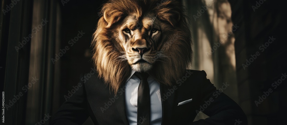 A lion with a serious expression, wearing a suit and tie, looking directly at the camera. A lion with a serious expression, wearing a suit and tie, looking directly at the camera.