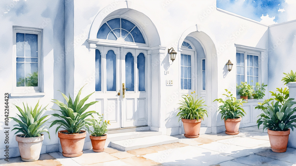 Fototapeta premium Charming watercolor illustration of a white house entrance with potted plants