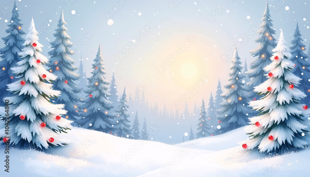 Obraz premium Winter watercolor landscape with snow-covered trees and festive decorations for holiday season