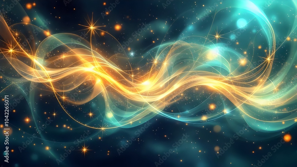 Fototapeta premium Abstract Background: Blue and Gold Waves, Sparkling Lights