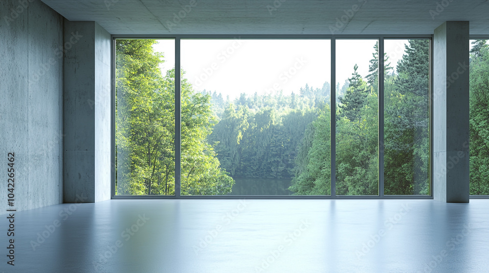 Fototapeta premium Modern Concrete Room with Large Window and Forest View