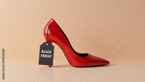 A red high heel with a Black Friday tag attached, symbolizing fashion deals and footwear sales during the holiday shopping event. 3D illustration photo