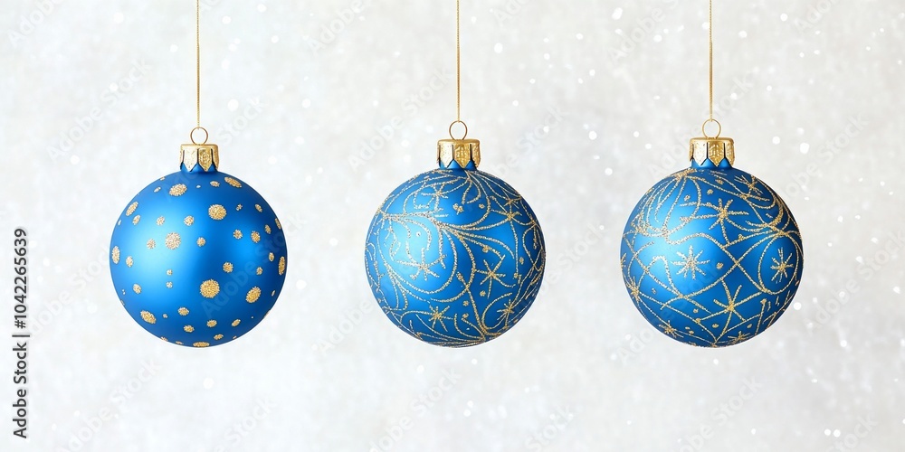 Elegant blue Christmas baubles with intricate gold patterns hanging against a snowy winter background Elegant blue Christmas baubles with intricate gold patterns hanging against a snowy winter background