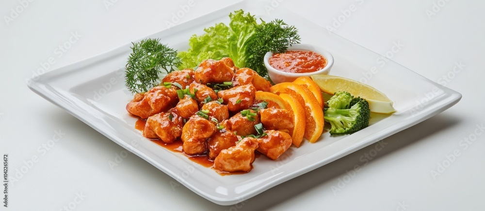 Sweet and sour chicken with orange slices, broccoli, and a side of sauce on a white plate. Sweet and sour chicken with orange slices, broccoli, and a side of sauce on a white plate.