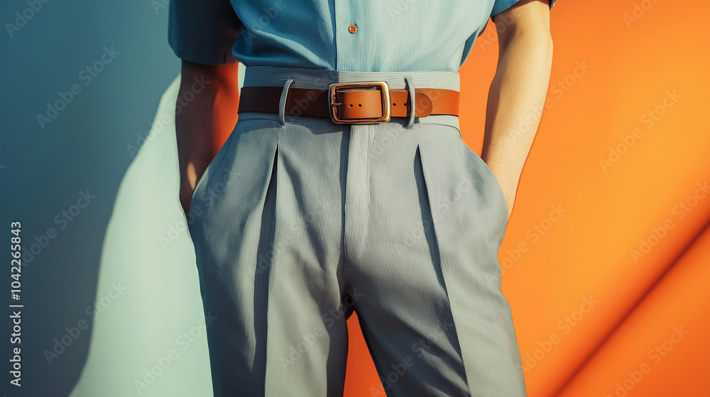 Retro bowling shirt tucked into slim-fit trousers with a leather belt Retro bowling shirt tucked into slim-fit trousers with a leather belt