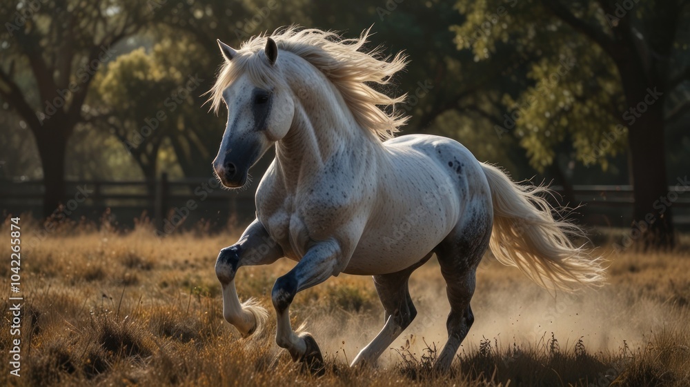 A white rooster runs through a tall grass field, a strong leg pushing him forward with easy grace. The horse's coat is sparkling in the sun, expressing the shades of cream and smooth silver. A white rooster runs through a tall grass field, a strong leg pushing him forward with easy grace. The horse's coat is sparkling in the sun, expressing the shades of cream and smooth silver.