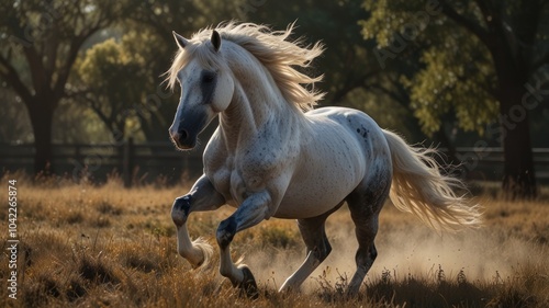 A white rooster runs through a tall grass field, a strong leg pushing him forward with easy grace. The horse's coat is sparkling in the sun, expressing the shades of cream and smooth silver.