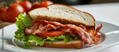 Close-up of a bacon, lettuce, and tomato sandwich on a white plate.