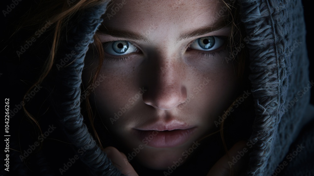 A striking portrait showcasing a person wrapped in a dark fabric with piercing blue eyes, exuding intensity and mystery. A striking portrait showcasing a person wrapped in a dark fabric with piercing blue eyes, exuding intensity and mystery.