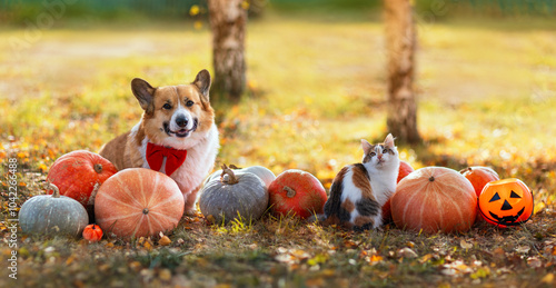 Canvas Print cute corgi dogs and kitten sitting in autumn garden surrounded by orange pumpkin
