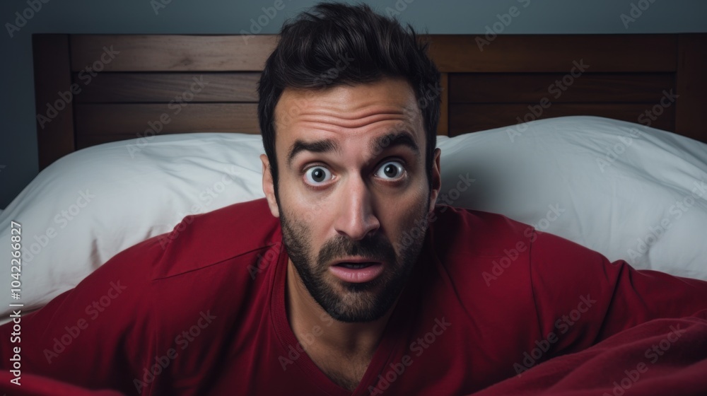 A surprised man in a burgundy T-shirt stares wide-eyed from bed, capturing a moment of unexpected alarm or shock with intense expression.