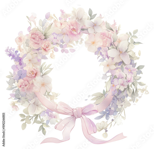 PNG Pastel coquette wreath illustration flowers ribbon.