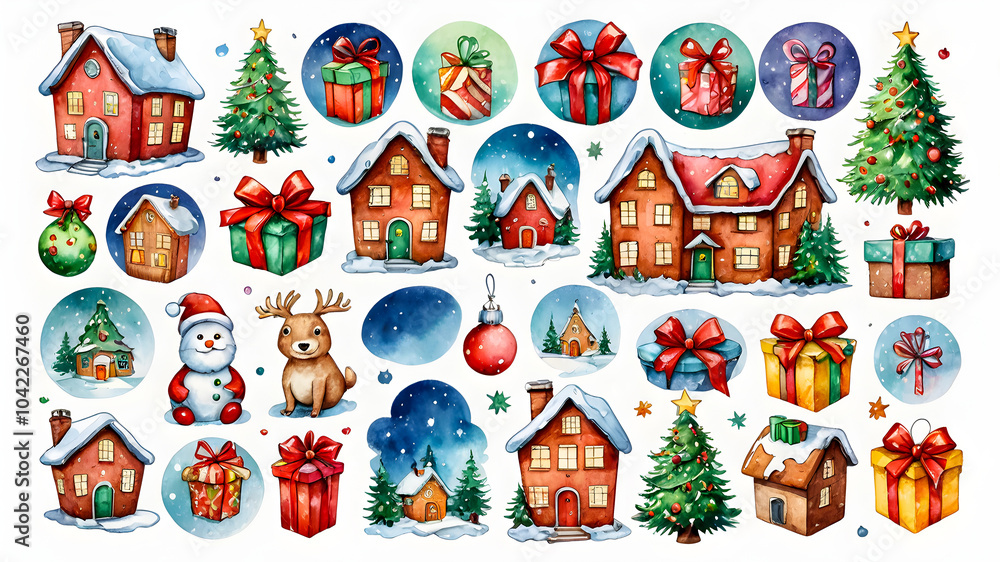 Fototapeta premium New Year background. flat layout of New Year symbols. Santa Claus, fairy house, snowman, gifts, New Year's toys.