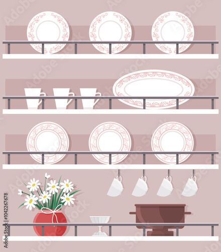 Shelves with kitchenware. Cute table service plates, bowls and cups. Food preparation concept. Dinnerware in restaurant or home kitchen. Housekeeping equipment, interior design and household items