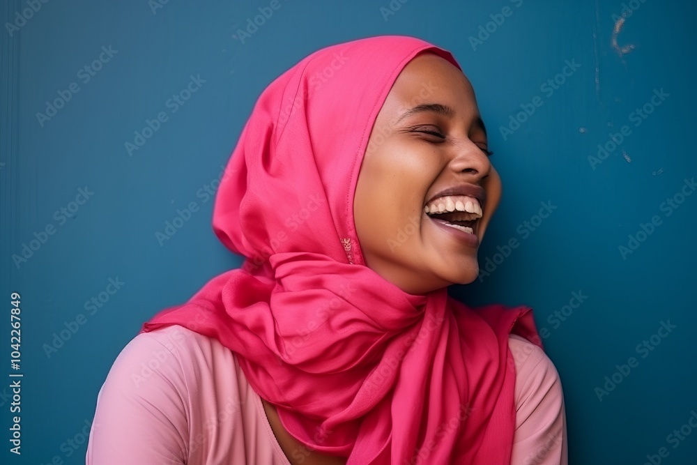 Portrait of a beautiful young muslim woman laughing over blue background Portrait of a beautiful young muslim woman laughing over blue background