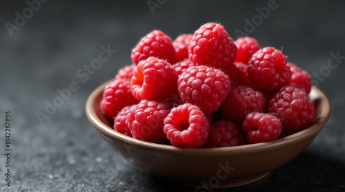 A bowl filled with fresh, ripe raspberries resting on a dark countertop in a cozy kitchen setting