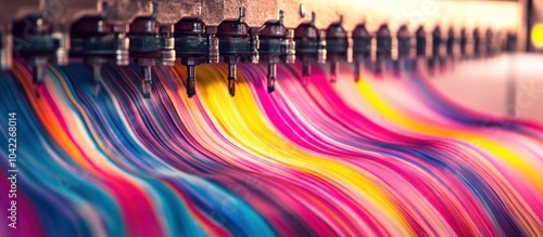 Close-up of a printing machine with colorful ink flowing out of it.