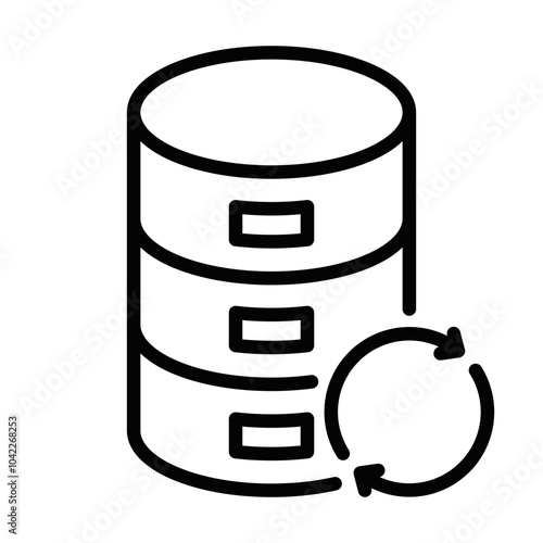 Black and white vector icon of a database with a refresh symbol, representing data synchronization and cloud backup. Editable stroke.