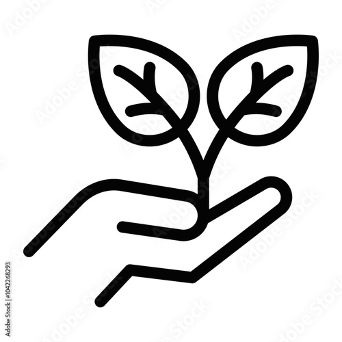 Minimalist vector icon of a hand nurturing a plant, representing environmental care, eco-friendliness, and sustainable development. Editable stroke.