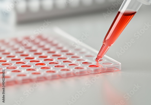 Close-up of a pipette dispensing red liquid into a well plate. Laboratory study of exosomes for applications in cosmetology and trichology. Biotechnology and regenerative therapy research. photo