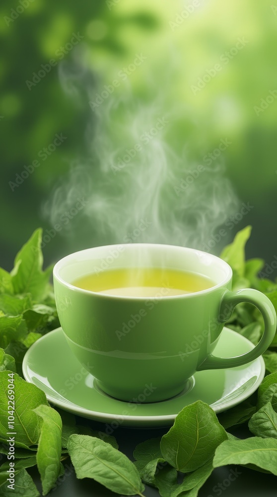Freshly brewed herbal tea steaming in a light blue cup surrounded by green leaves on a wooden table Freshly brewed herbal tea steaming in a light blue cup surrounded by green leaves on a wooden table