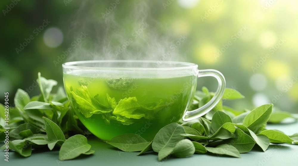 Freshly brewed herbal tea steaming in a light blue cup surrounded by green leaves on a wooden table Freshly brewed herbal tea steaming in a light blue cup surrounded by green leaves on a wooden table